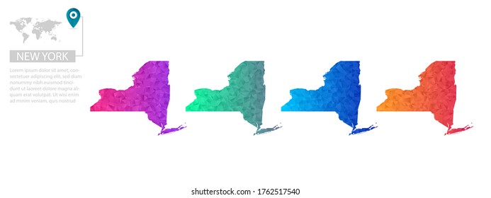Set of vector polygonal New York maps. Bright gradient map of country in low poly style. Multicolored country map in geometric style for your infographics, polygonal design for your ,Vector eps 10.