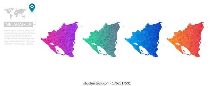 Set of vector polygonal Nicaragua maps. Bright gradient map of country in low poly style. Multicolored country map in geometric style for your infographics, polygonal design for your ,Vector eps 10.