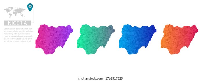 Conjunto de mapas vectoriales de Nigeria poligonal. Mapa de degradado brillante de país con un estilo de polos bajo. Mapa de país multicolor en estilo geométrico para sus infografías, diseño poligonal para sus ,Vector eps 10.