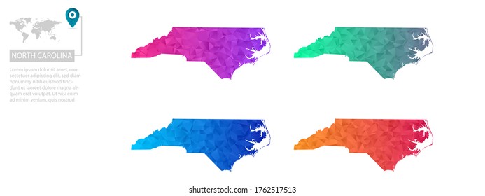 Set of vector polygonal North Carolina maps. Bright gradient map of country in low poly style. Multicolored country map in geometric style for your infographics, polygonal design for your