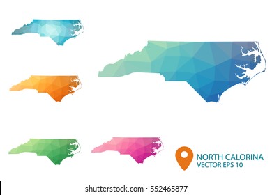 Set of vector polygonal North Carolina state maps. Bright gradient map of country in low poly style. Multicolored country map in geometric style for your infographics. Vector illustration eps 10.