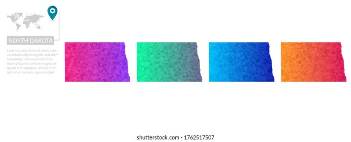 Set of vector polygonal North Dakota maps. Bright gradient map of country in low poly style. Multicolored country map in geometric style for your infographics, polygonal design for your ,Vector eps 10