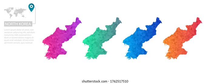 Set of vector polygonal North Korea maps. Bright gradient map of country in low poly style. Multicolored country map in geometric style for your infographics, polygonal design for your ,Vector eps 10.