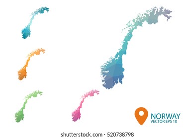 Set of vector polygonal Norway maps. Bright gradient map of country in low poly style. Multicolored country map in geometric style for your infographics. Vector illustration eps 10.