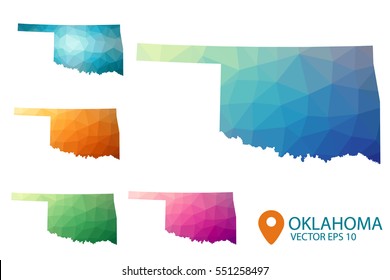 Set of vector polygonal Oklahoma state maps. Bright gradient map of country in low poly style. Multicolored country map in geometric style for your infographics. Vector illustration eps 10.