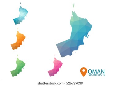 Set of vector polygonal Oman maps. Bright gradient map of country in low poly style. Multicolored country map in geometric style for your infographics. Vector illustration eps 10.