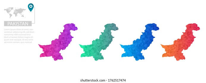 Set of vector polygonal Pakistan maps. Bright gradient map of country in low poly style. Multicolored country map in geometric style for your infographics, polygonal design for your ,Vector eps 10.