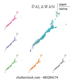 Set of vector polygonal Palawan maps filled with bright gradient of low poly art. Multicolored polygonal Palawan maps in geometric style for your infographics.