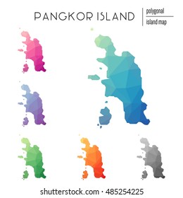 Set of vector polygonal Pangkor Island maps filled with bright gradient of low poly art. Multicolored polygonal Pangkor Island maps in geometric style for your infographics.
