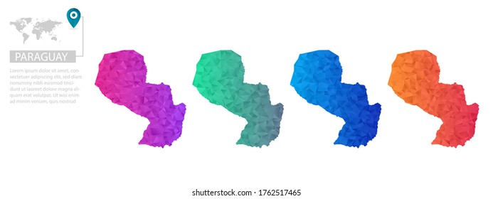 Conjunto de mapas vectoriales de Paraguay polígono. Mapa de degradado brillante de país con un estilo de polos bajo. Mapa de país multicolor en estilo geométrico para sus infografías, diseño poligonal para sus ,Vector eps 10.
