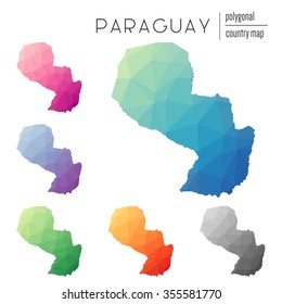 Set of vector polygonal Paraguay maps. Bright gradient map of country in low poly style. Multicolored country map in geometric style for your infographics.
