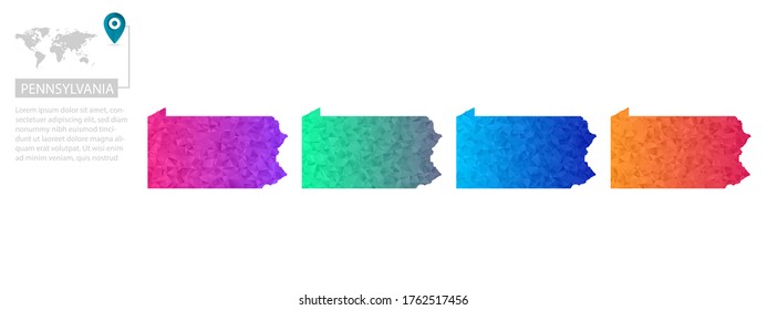 Conjunto de mapas vectoriales poligonales de Pensilvania. Mapa de degradado brillante de país con un estilo de polos bajo. Mapa de país multicolor en estilo geométrico para sus infografías, diseño poligonal para sus ,Vector eps 10