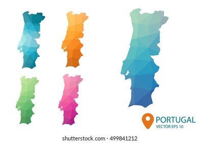 Set of vector polygonal Portugal maps. Bright gradient map of country in low poly style. Multicolored country map in geometric style for your infographics