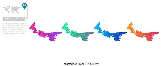 Set of vector polygonal Prince Edward Island maps. Bright gradient map of country in low poly style. Multicolored country map in geometric style for your infographics, polygonal design for your 