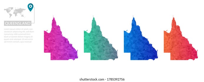 Set of vector polygonal Queensland maps. Bright gradient map of country in low poly style. Multicolored country map in geometric style for your infographics, polygonal design for your ,Vector eps 10.