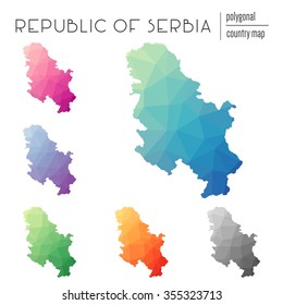 Set of vector polygonal Republic of Serbia maps. Bright gradient map of country in low poly style. Multicolored country map in geometric style for your infographics.