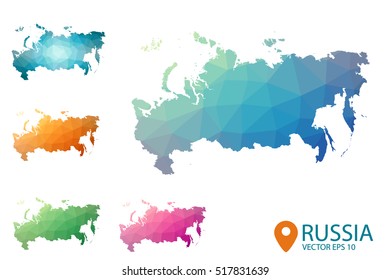 Conjunto de mapas vectoriales de Rusia polígona. Mapa de degradado brillante de país en estilo de poste bajo. Mapa de país multicolor en estilo geométrico para sus infografías