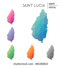 Set of vector polygonal Saint Lucia maps filled with bright gradient of low poly art. Multicolored polygonal Saint Lucia maps in geometric style for your infographics.