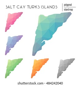 Set of vector polygonal Salt Cay, Turks Islands maps filled with bright gradients in a low poly art style. Multicolored polygonal maps in a geometric style for infographics.