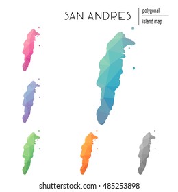 Set of vector polygonal San Andres maps filled with bright gradient of low poly art. Multicolored polygonal San Andres maps in geometric style for your infographics.