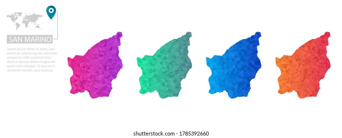 Set of vector polygonal San Marino maps. Bright gradient map of country in low poly style. Multicolored country map in geometric style for your infographics, polygonal design for your ,Vector eps 10.