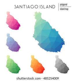 Set of vector polygonal Santiago Island maps filled with bright gradient of low poly art. Multicolored polygonal Santiago Island maps in geometric style for your infographics.