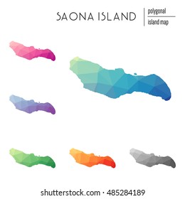 Set of vector polygonal Saona Island maps filled with bright gradients in a low poly art style. Multicolored polygonal Saona Island maps in geometric style for your infographics.