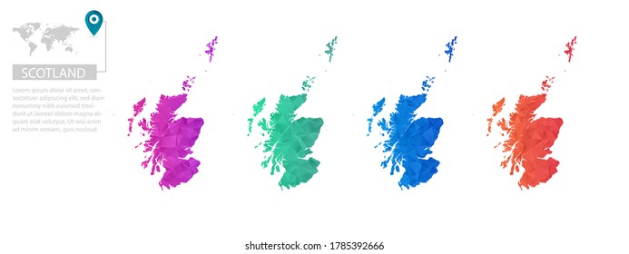 Set of vector polygonal Scotland maps. Bright gradient map of country in low poly style. Multicolored country map in geometric style for your infographics, polygonal design for your ,Vector eps 10.