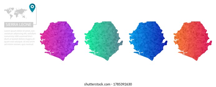 Set of vector polygonal Sierra Leone maps. Bright gradient map of country in low poly style. Multicolored country map in geometric style for your infographics, polygonal design for your ,Vector eps 10