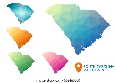 Set of vector polygonal South Carolina state maps. Bright gradient map of country in low poly style. Multicolored country map in geometric style for your infographics. Vector illustration eps 10.