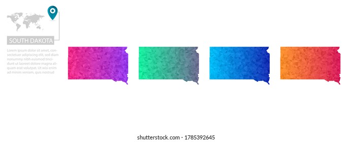 Set of vector polygonal South Dakota maps. Bright gradient map of country in low poly style. Multicolored country map in geometric style for your infographics, polygonal design for your ,Vector eps 10