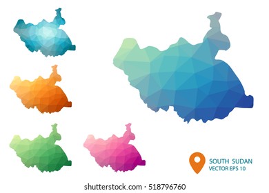 Set of vector polygonal South Sudan maps. Bright gradient map of country in low poly style. Multicolored country map in geometric style for your infographics. Vector illustration eps 10.