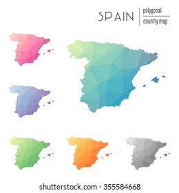 Conjunto de mapas vectoriales de España polígono. Mapa de degradado brillante de país en estilo de poste bajo. Mapa de países multicolores en estilo geométrico para sus infografías