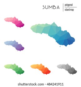 Set of vector polygonal Sumba maps filled with bright gradient of low poly art. Multicolored polygonal Sumba maps in geometric style for your infographics.
