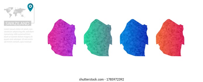 Set of vector polygonal Swaziland maps. Bright gradient map of country in low poly style. Multicolored country map in geometric style for your infographics, polygonal design for your ,Vector eps 10.