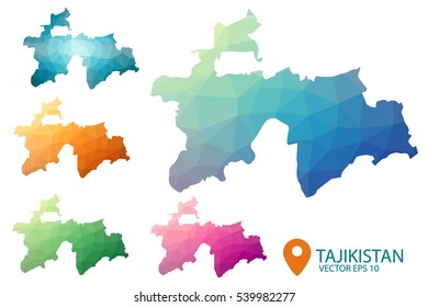 Set of vector polygonal Tajikistan maps. Bright gradient map of country in low poly style. Multicolored country map in geometric style for your infographics. Vector illustration eps 10.