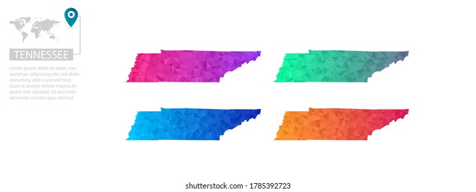Set of vector polygonal Tennessee maps. Bright gradient map of country in low poly style. Multicolored country map in geometric style for your infographics, polygonal design for your ,Vector eps 10.