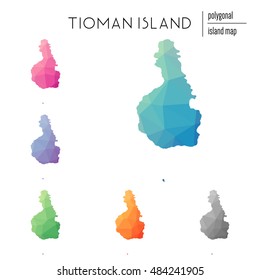 Set of vector polygonal Tioman Island maps filled with bright gradient of low poly art. Multicolored polygonal Tioman Island maps in geometric style for your infographics.