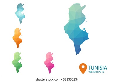 Set of vector polygonal Tunisia maps. Bright gradient map of country in low poly style. Multicolored country map in geometric style for your infographics. Vector illustration eps 10.