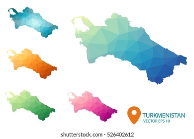 Set of vector polygonal Turkmenistan maps. Bright gradient map of country in low poly style. Multicolored country map in geometric style for your infographics. Vector illustration eps 10.