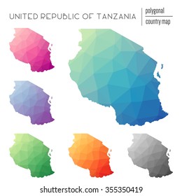 Set of vector polygonal United Republic of Tanzania maps. Bright gradient map of country in low poly style. Multicolored country map in geometric style for your infographics.