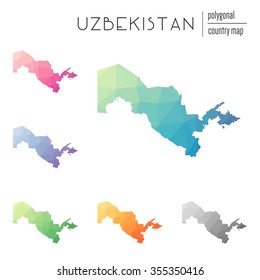 Set of vector polygonal Uzbekistan maps. Bright gradient map of country in low poly style. Multicolored country map in geometric style for your infographics.