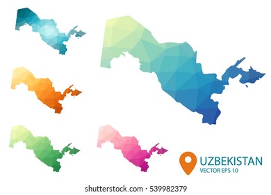 Set of vector polygonal Uzbekistan maps. Bright gradient map of country in low poly style. Multicolored country map in geometric style for your infographics. Vector illustration eps 10.