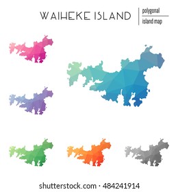 Set of vector polygonal Waiheke Island maps filled with bright gradients in a low poly art style. Multicolored polygonal Waiheke Island maps in geometric style for your infographics.