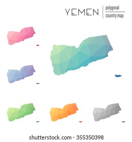 Set of vector polygonal Yemen maps. Bright gradient map of country in low poly style. Multicolored country map in geometric style for your infographics.