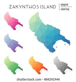 Set of vector polygonal Zakynthos Island maps filled with bright gradient of low poly art. Multicolored polygonal Zakynthos Island maps in geometric style for your infographics.