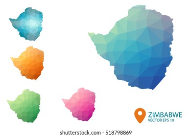 Set of vector polygonal Zimbabwe maps. Bright gradient map of country in low poly style. Multicolored country map in geometric style for your infographics. Vector illustration eps 10.