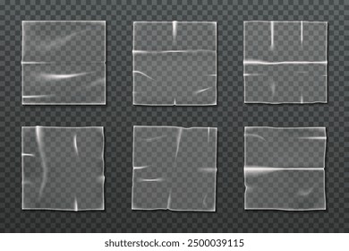 Set aus Vektorpolyethylen-Aufklebern oder transparenter Kunststoffumhüllung. Zellophanfalzmaterial oder geklebtes Polymer, Polyäthylenschutz für Verpackungen oder Klebekanal. Umhüllungselement für Lagerung, Verpackung