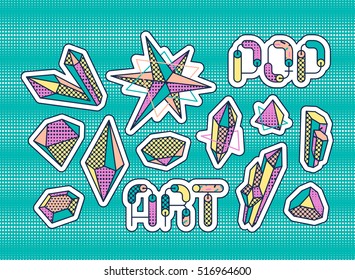 Set of vector pop art design elements, crystals and diamonds, bright color isolated decorations, patches and stickers. 