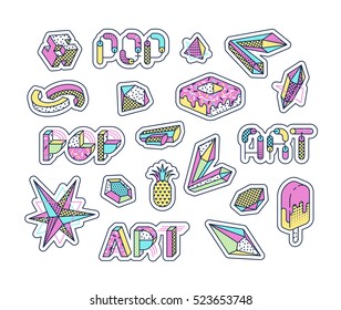 Set of vector pop art design elements, bright color isolated decorations, patches and stickers